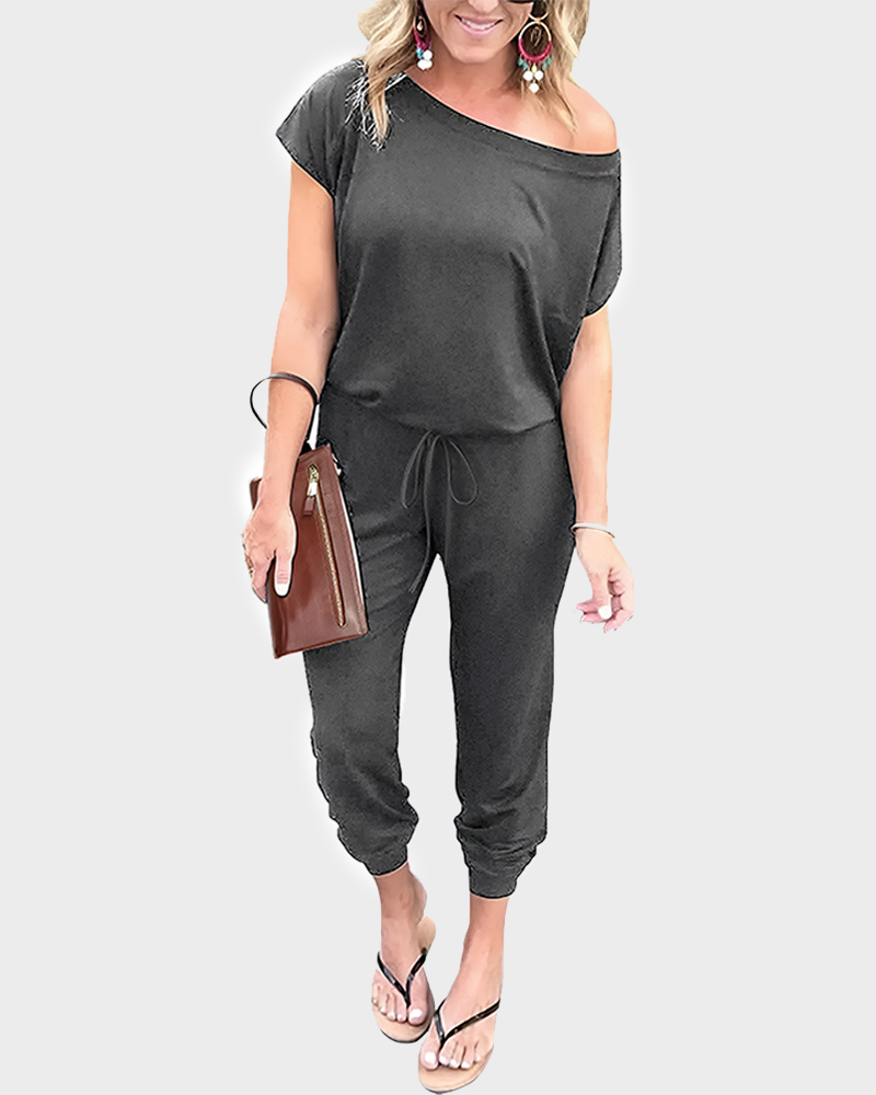 Women's Plus Size Off Shoulder Elastic Waist Loose Minimalist Jumpsuit Casual Lightweight Romper