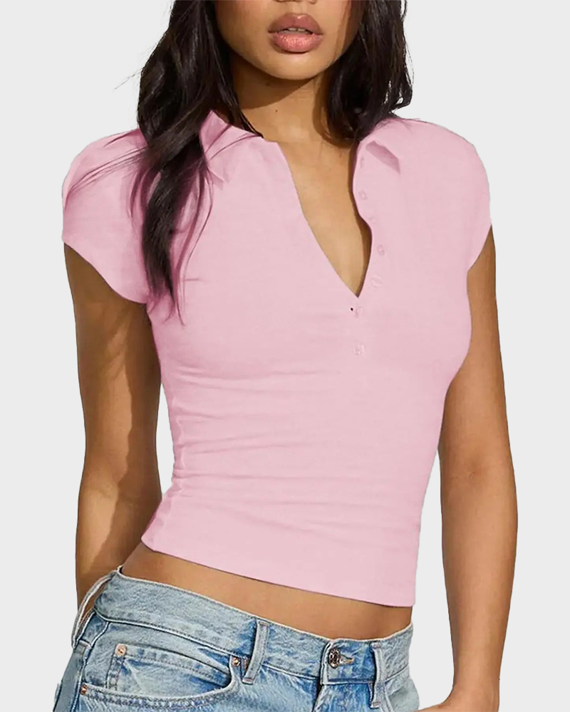 V Neck Short Sleeve Button Front Slim Fit Comfortable Stylish Casual Polo Shirt