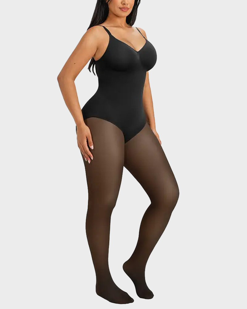 Sheer Panel Fleece Lined Tights Warm Tummy Control Bodysuit