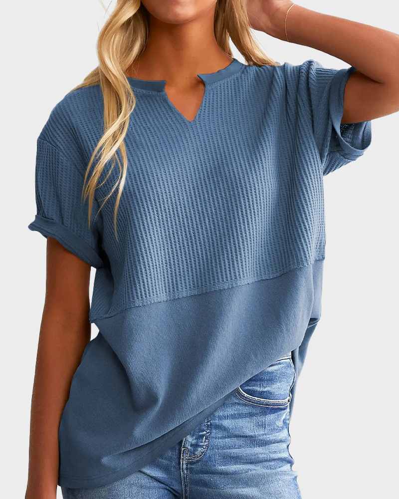 Lightweight Waffle Knit V Neck Short Sleeve Loose Fit Summer Top