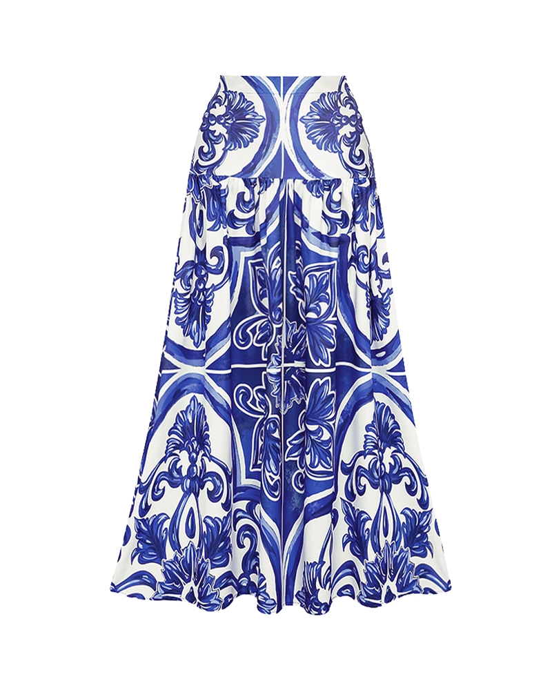 Sling Classic Majolica Series Pattern Print One Piece Swimsuit and Skirt or Shorts