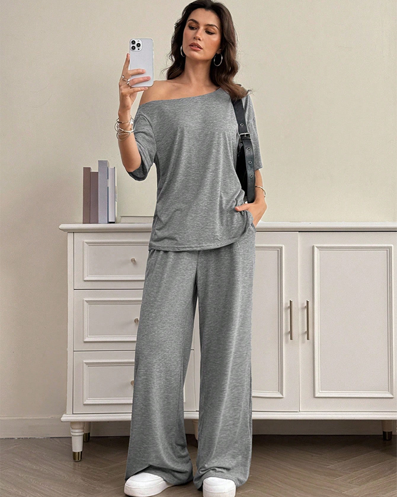 Casual Sporty Off Shoulder Top & Wide Leg Pants Daily Wear 2 Piece Set