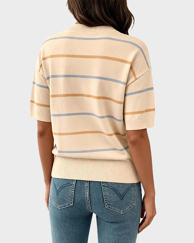 Striped Baggy Pullover Short Sleeve Round Neck Ribbed Cuff Top