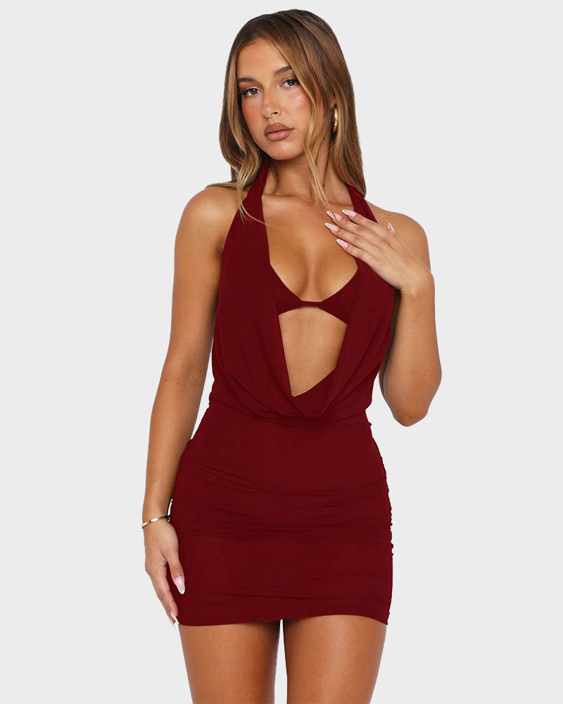 Summer Sexy Halter Deep V Neck Bodycon Mini Dress