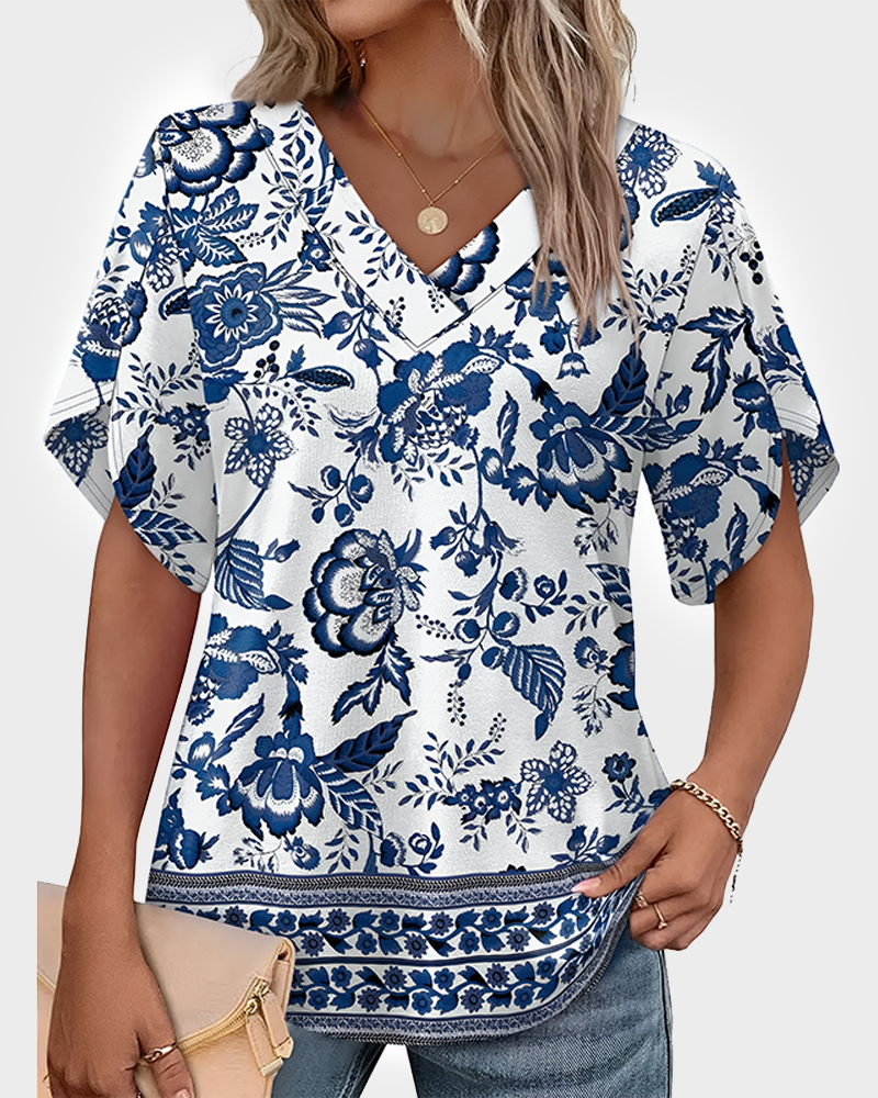 Women's Summer V Neck Short Petal Sleeve Blouse Casual Fashion Top