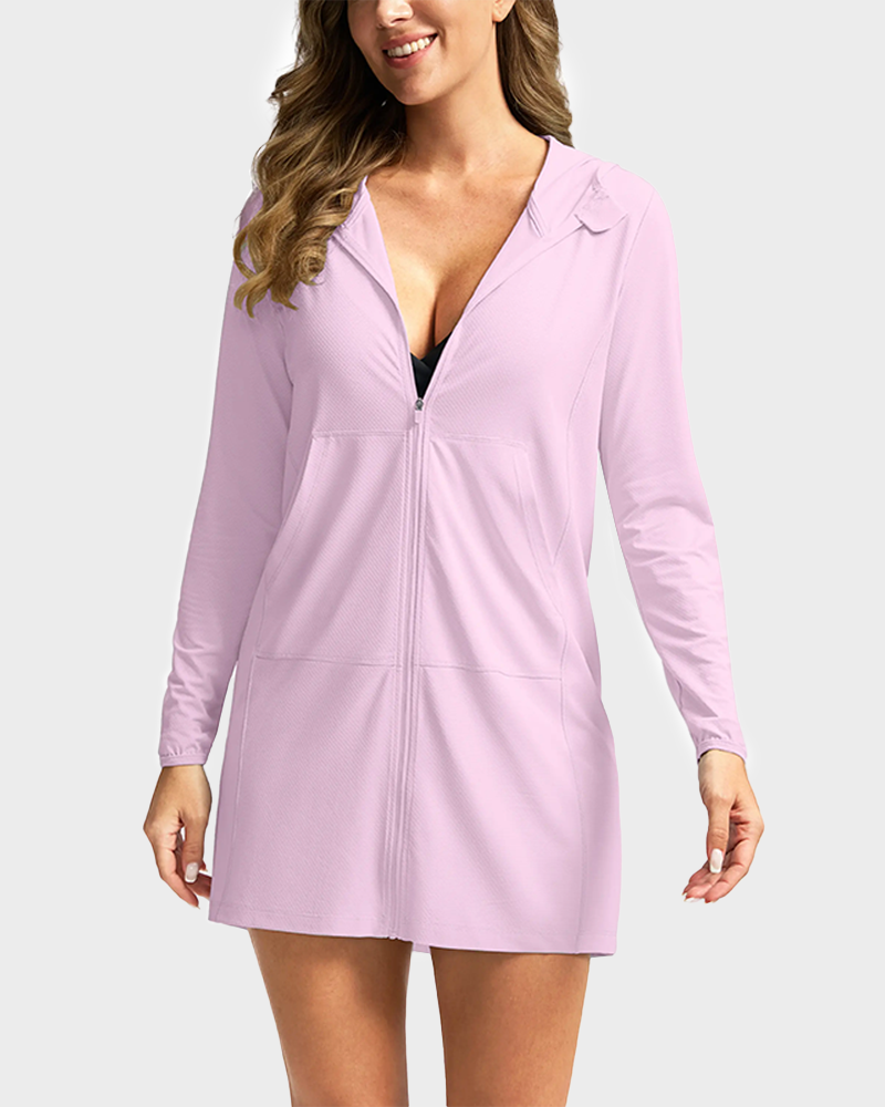 Women's UPF 50+ Crochet Hooded Long Beach Cover Up Bikini Jacket Lightweight