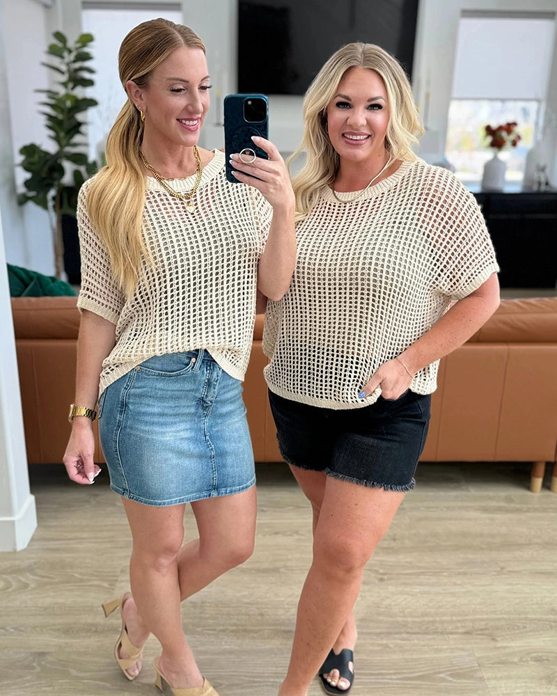 Scoop Neck Short Sleeve Crochet Hollow Out Knit Pullover Top Beach Coverup