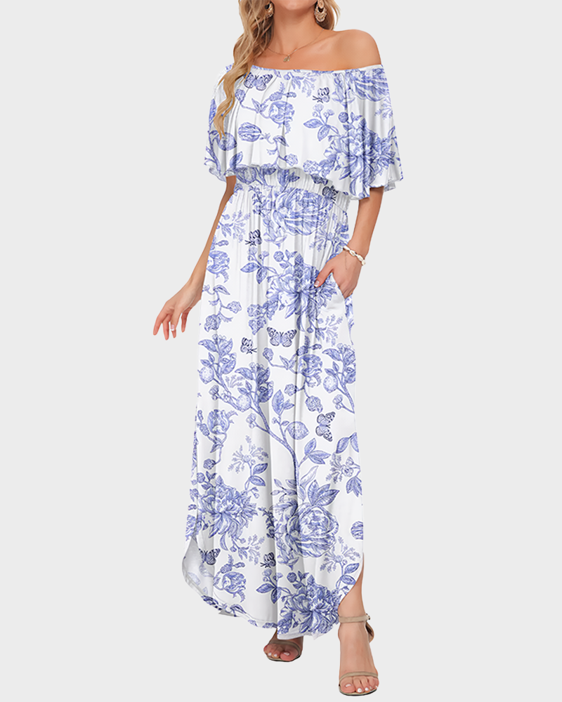 Women's Off The Shoulder Long Ruffle Maxi Dress with Pockets