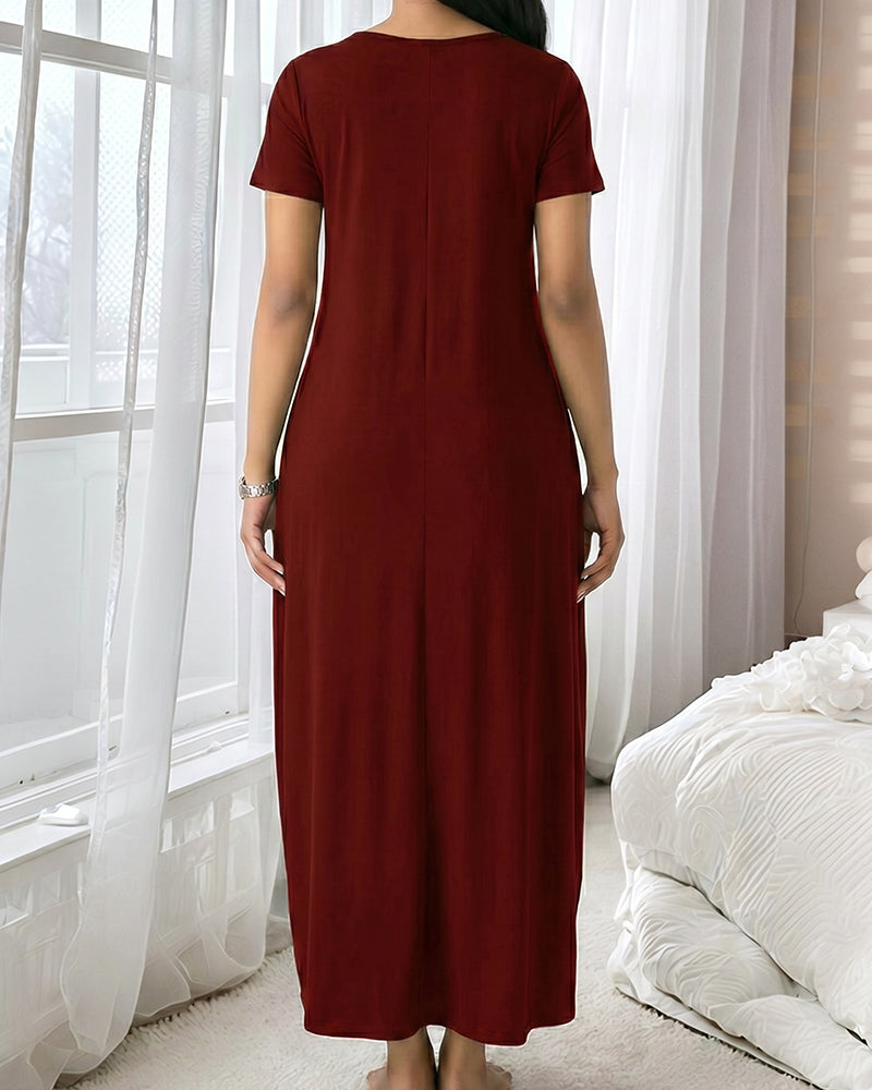 Fitted Short Sleeve Pocket Soft Loungewear Sleepwear Dress
