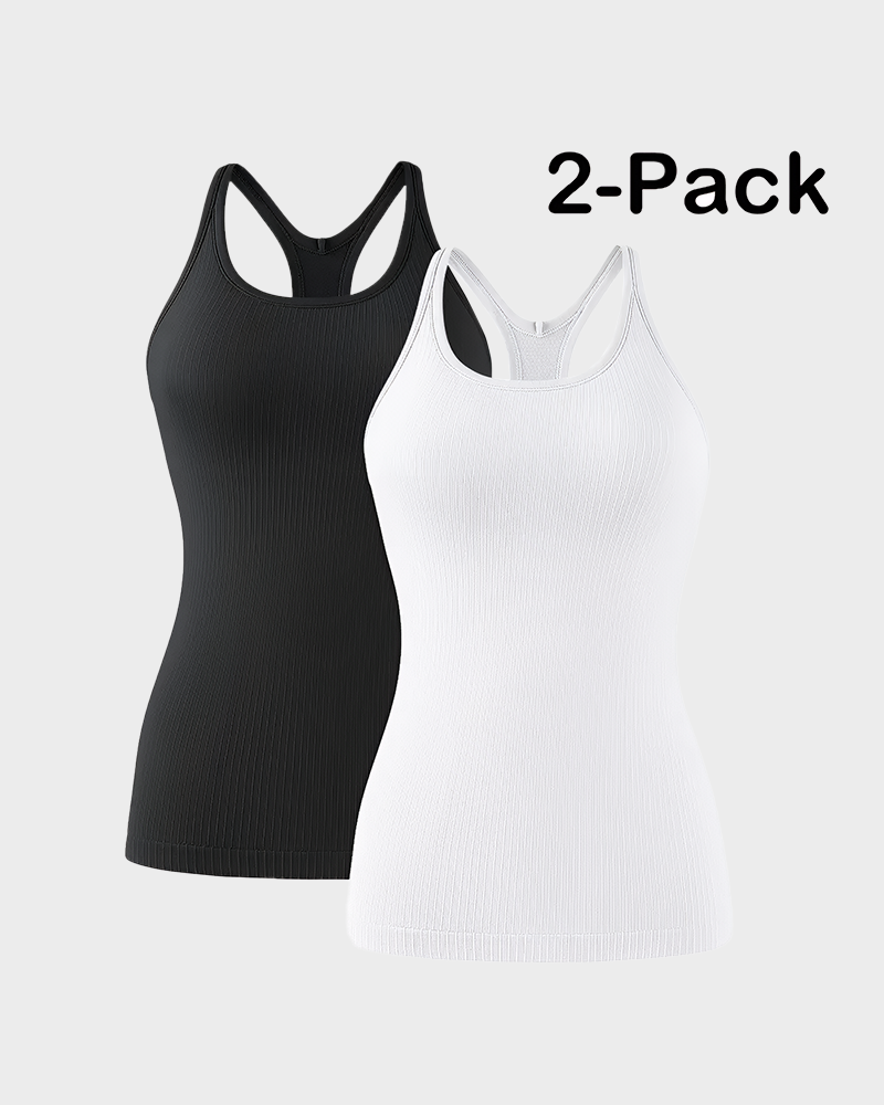 Women's Ribbed Racerback Tank Top with Built in Bra Scoop Neck Tight Athletic Top