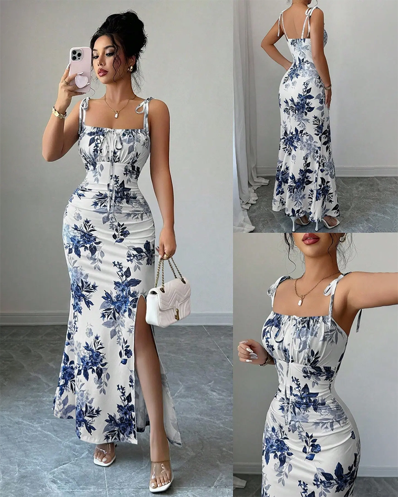 Fine Strap Bow Waist Floral Ruched Hem Slit Fitted Casual Slimming Elegant Dress