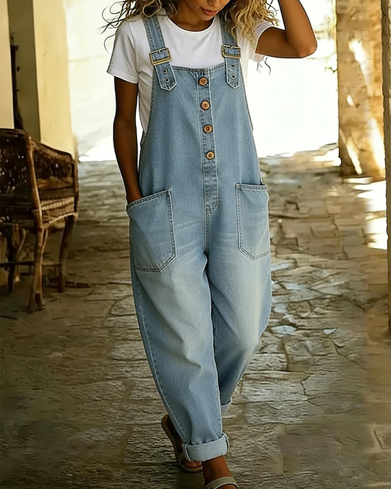 Y2K Vintage Loose Wide Leg Denim Button Front One Piece Romper Overalls