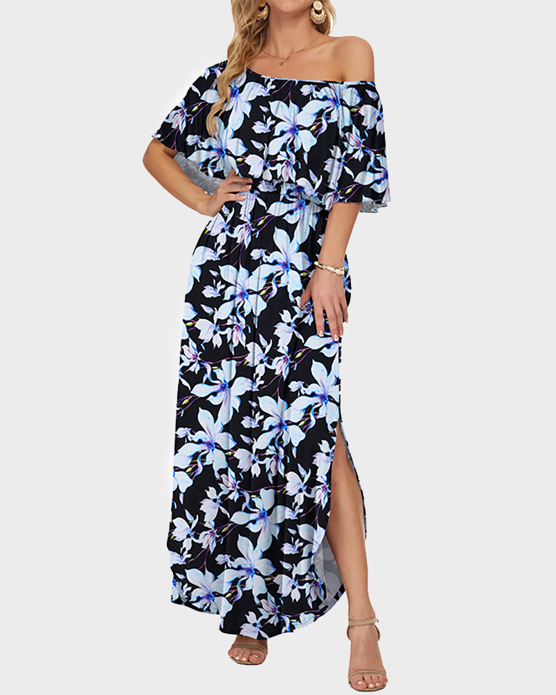 Women's Off The Shoulder Long Ruffle Maxi Dress with Pockets