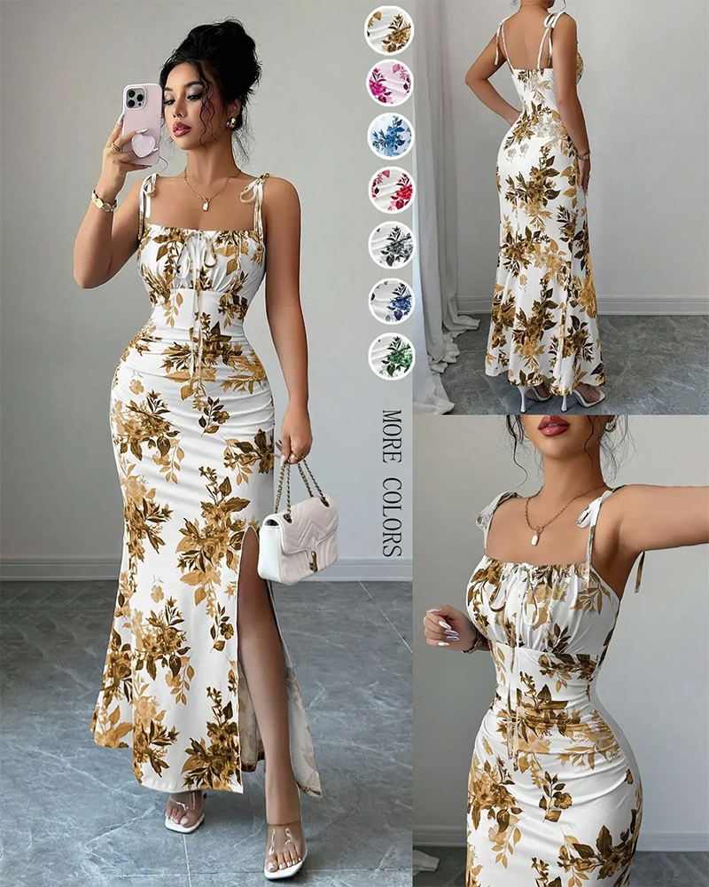Fine Strap Bow Waist Floral Ruched Hem Slit Fitted Casual Slimming Elegant Dress