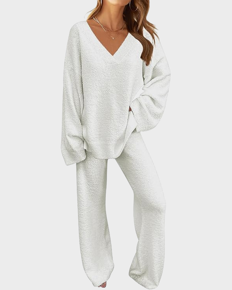 Soft Fuzzy V-Neck Sweater Pajama Set - 2-Piece Loungewear