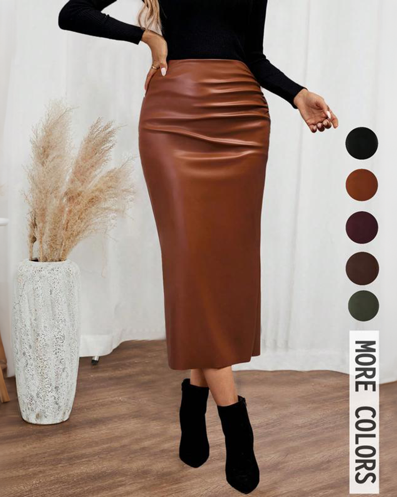 Women's Solid Color PU Leather Pleated A-Line Maxi Skirt