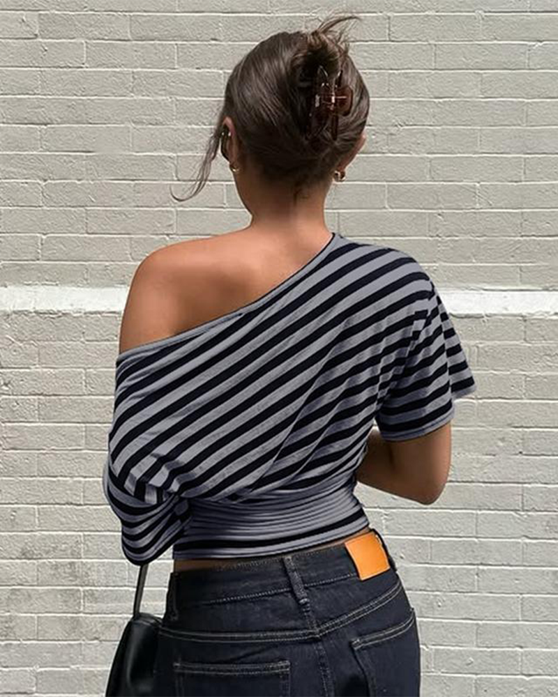 Asymmetrical One Shoulder Striped Asymmetrical Short Sleeve Top