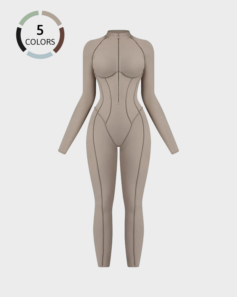 Women's Zipper Mock Neck Bodysuit High Stretch Fitted Sports Jumpsuit