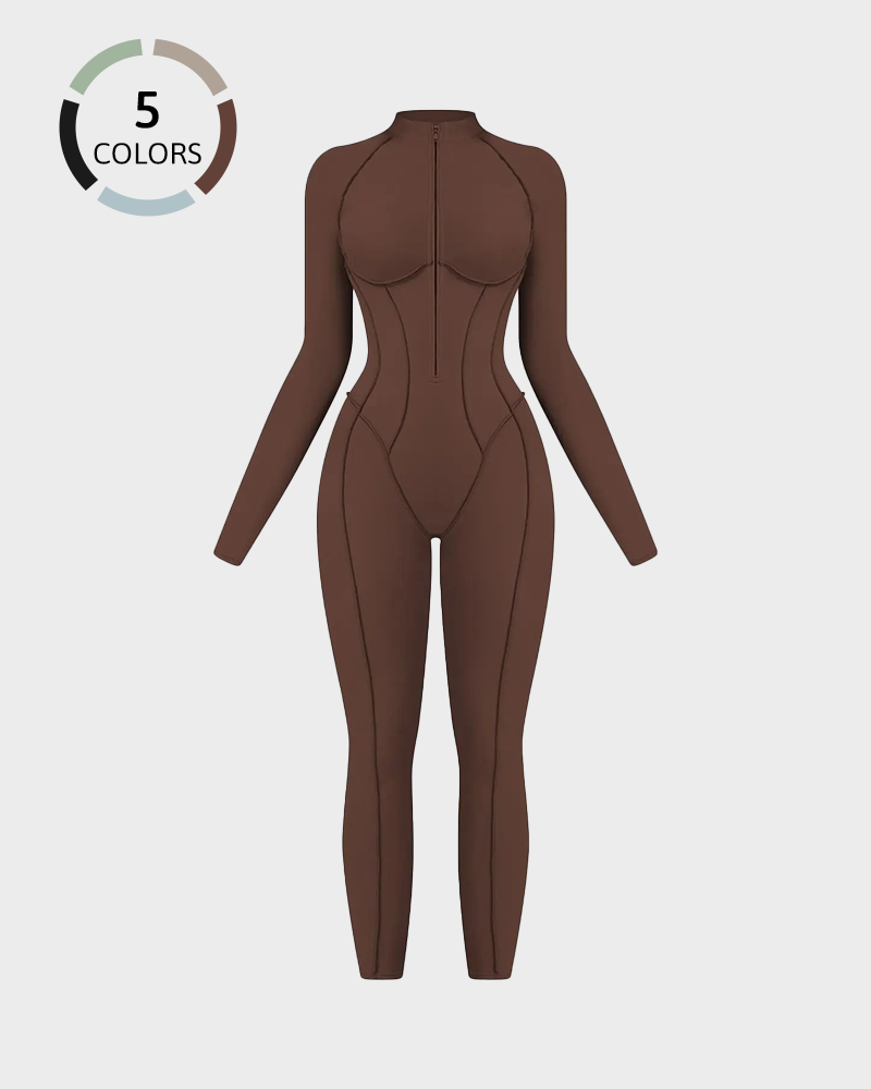 Women's Zipper Mock Neck Bodysuit High Stretch Fitted Sports Jumpsuit