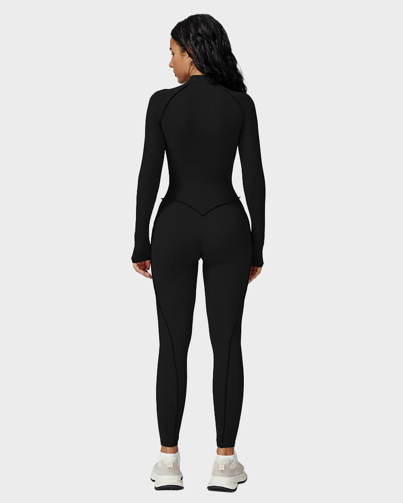 Women's Zipper Mock Neck Bodysuit High Stretch Fitted Sports Jumpsuit