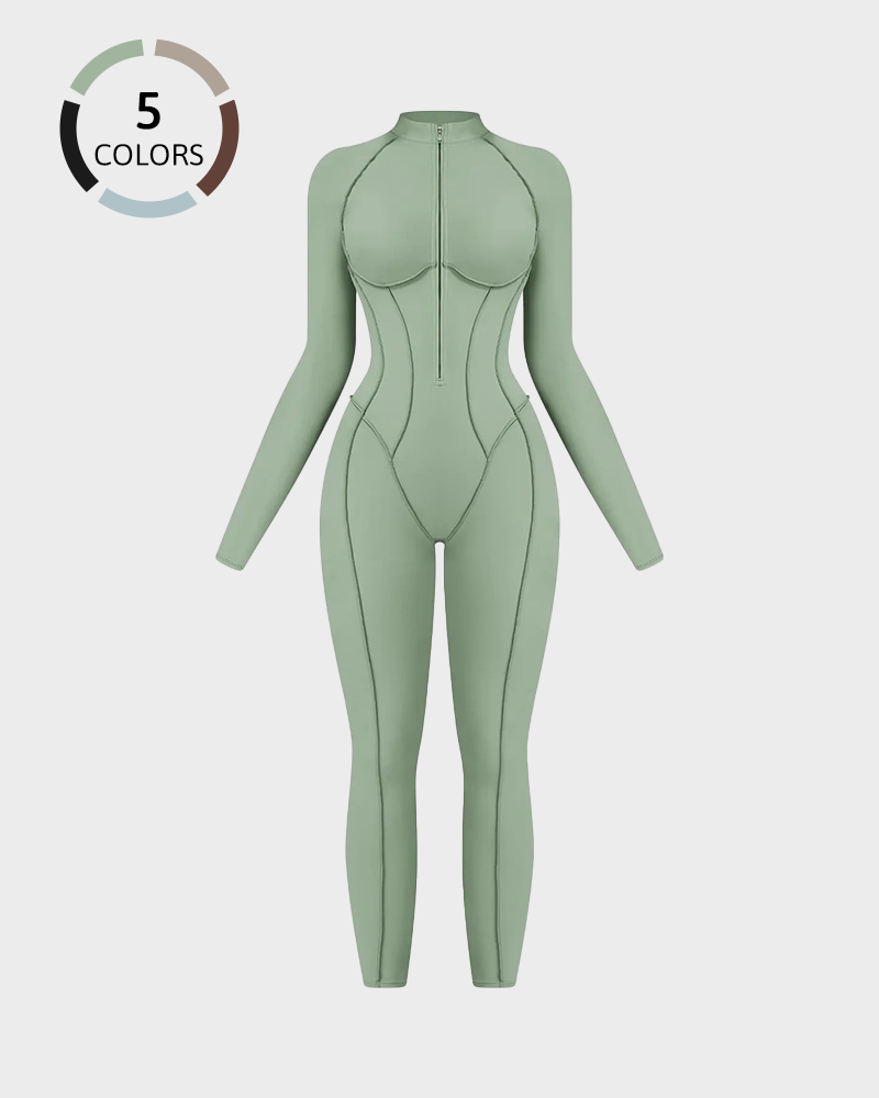 Women's Zipper Mock Neck Bodysuit High Stretch Fitted Sports Jumpsuit