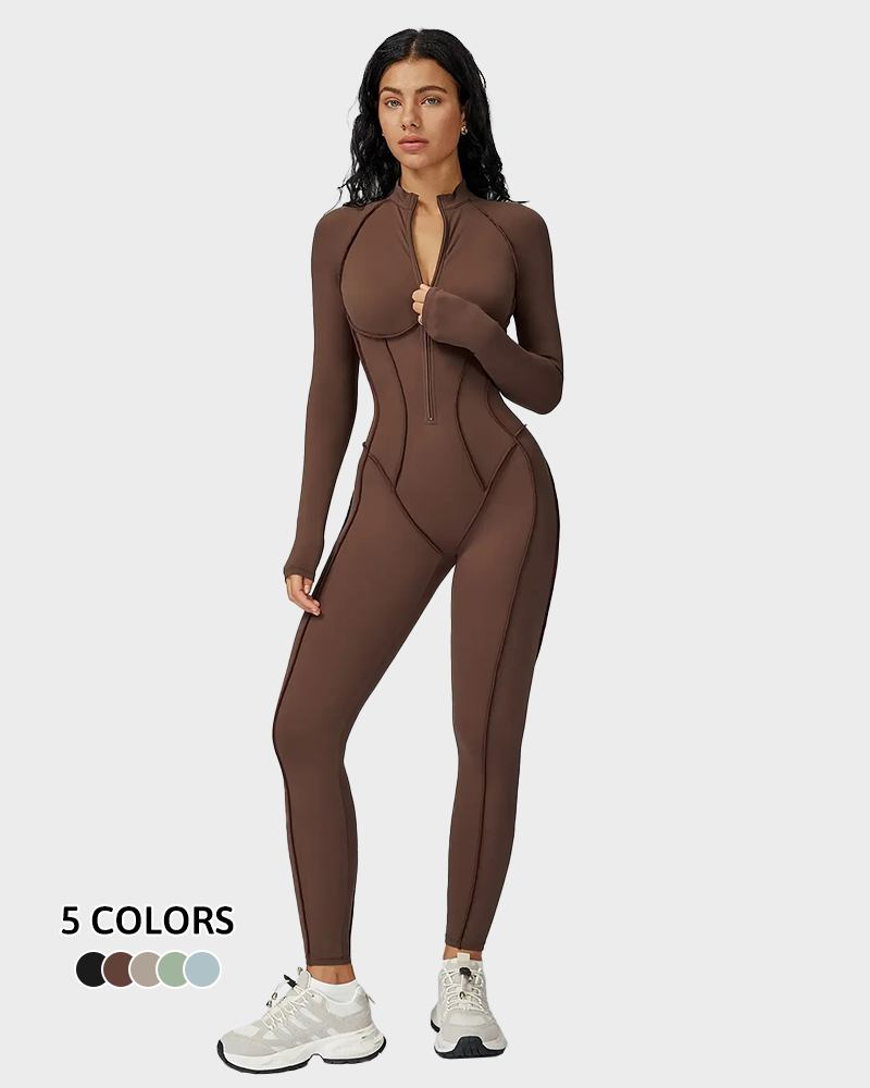 Women's Zipper Mock Neck Bodysuit High Stretch Fitted Sports Jumpsuit