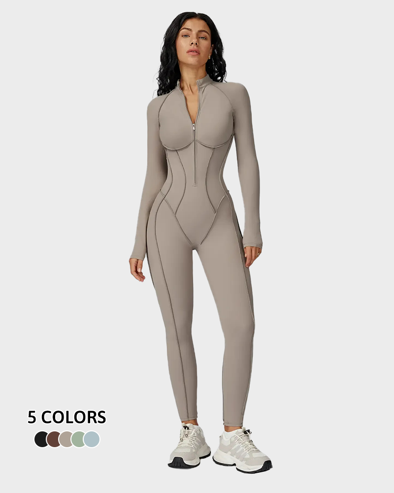 Women's Zipper Mock Neck Bodysuit High Stretch Fitted Sports Jumpsuit
