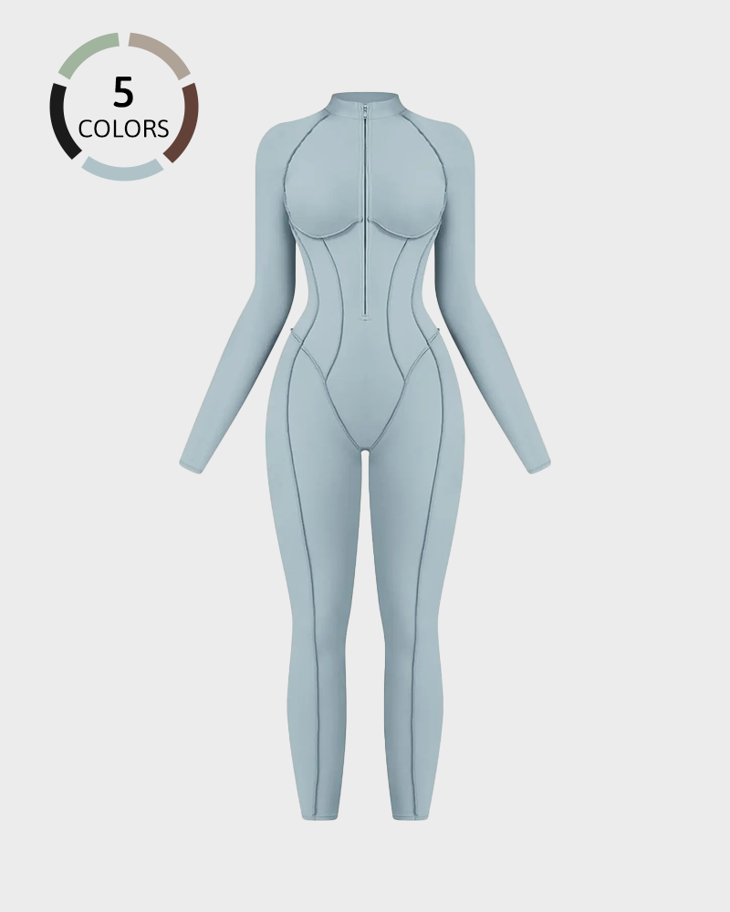 Women's Zipper Mock Neck Bodysuit High Stretch Fitted Sports Jumpsuit