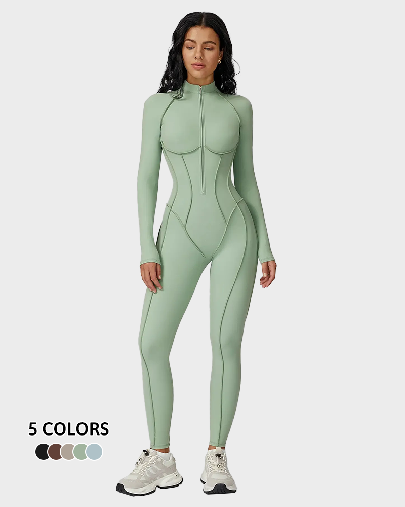 Women's Zipper Mock Neck Bodysuit High Stretch Fitted Sports Jumpsuit