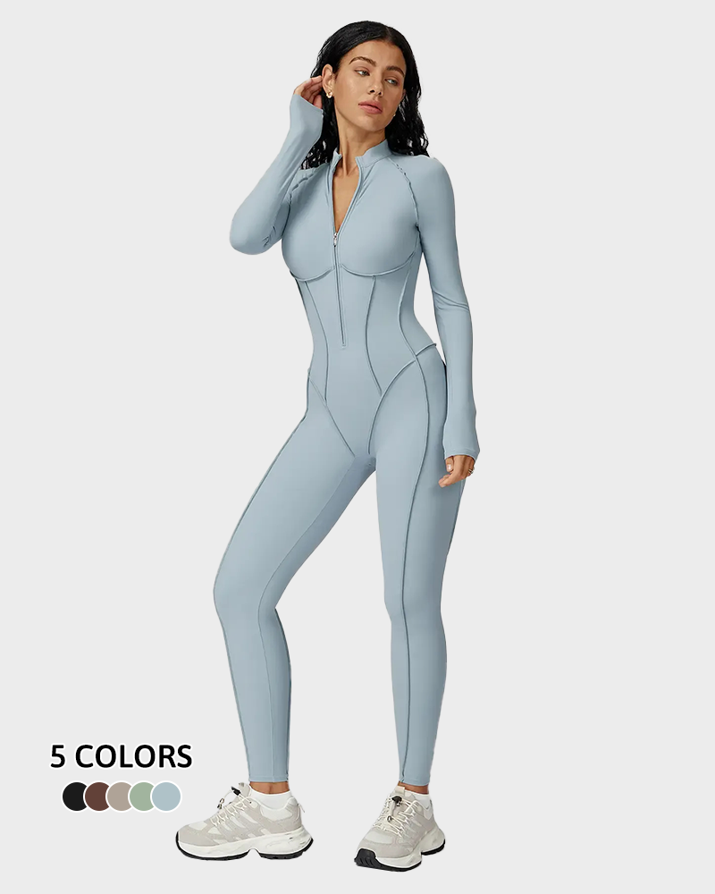 Women's Zipper Mock Neck Bodysuit High Stretch Fitted Sports Jumpsuit
