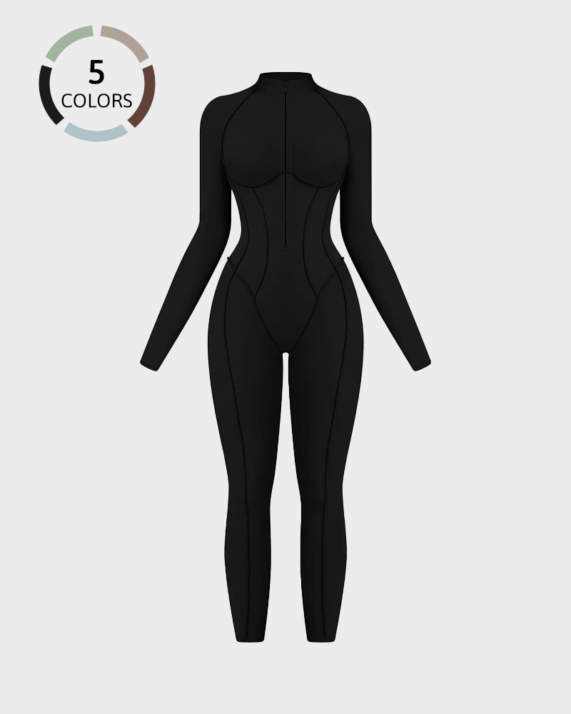 Women's Zipper Mock Neck Bodysuit High Stretch Fitted Sports Jumpsuit