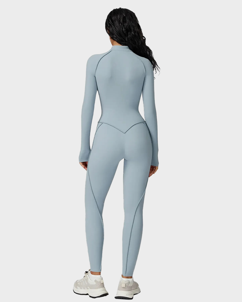 Women's Zipper Mock Neck Bodysuit High Stretch Fitted Sports Jumpsuit