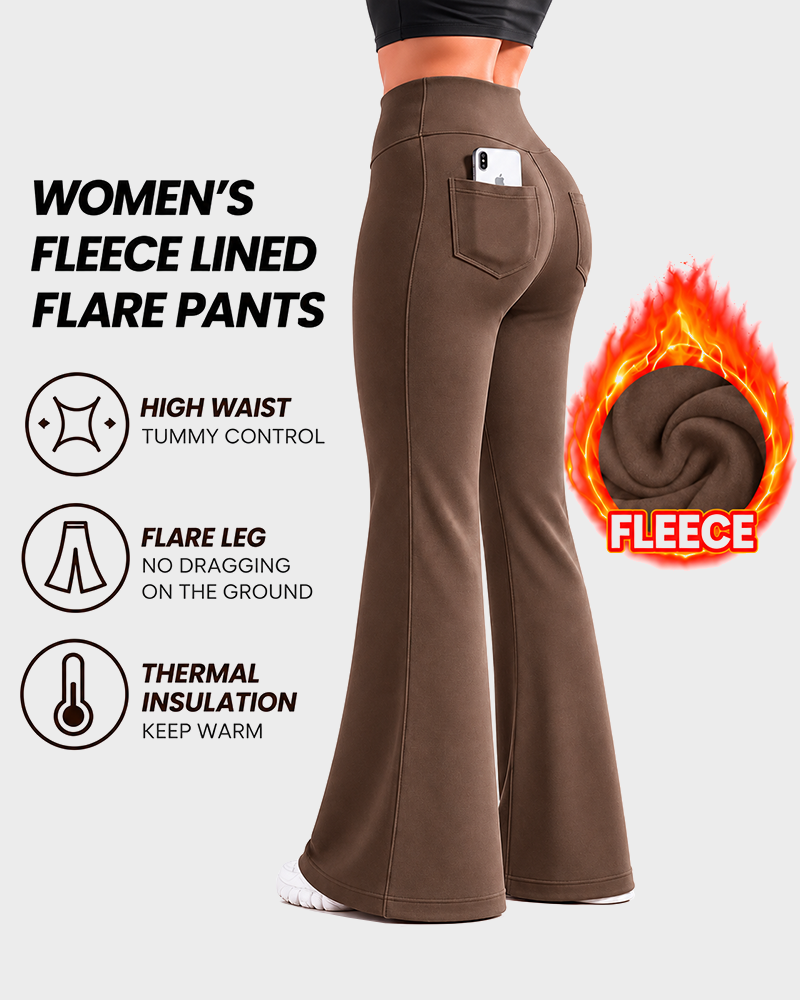 Women's Fleece Lined Flare Leggings with Pockets High Waisted Thermal Yoga Pants