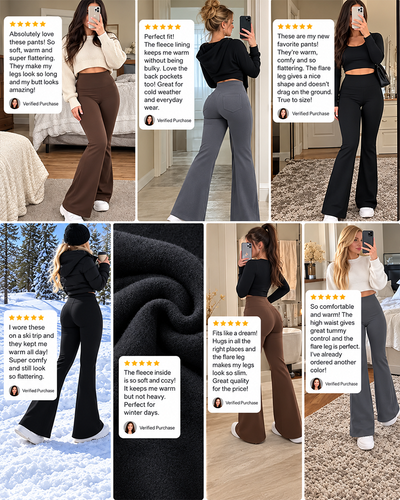 Women's Fleece Lined Flare Leggings with Pockets High Waisted Thermal Yoga Pants