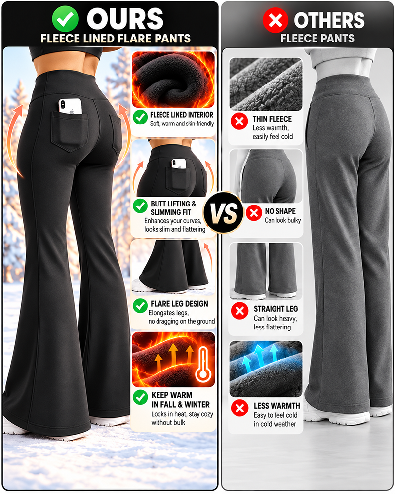 Women's Fleece Lined Flare Leggings with Pockets High Waisted Thermal Yoga Pants
