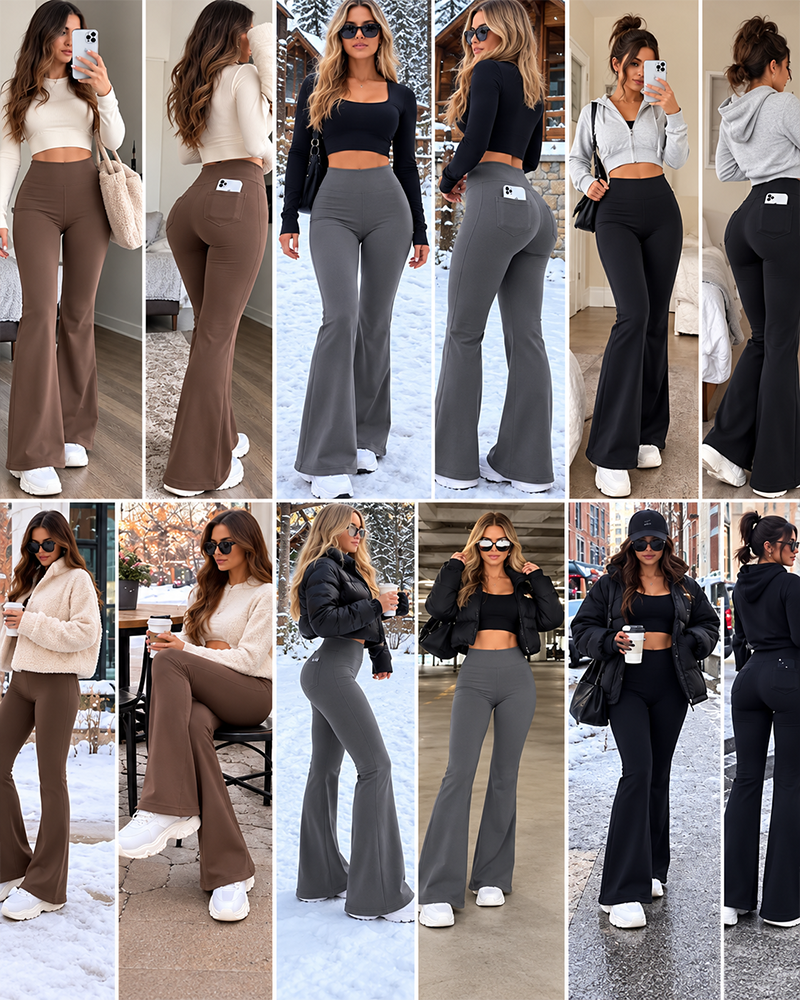 Women's Fleece Lined Flare Leggings with Pockets High Waisted Thermal Yoga Pants