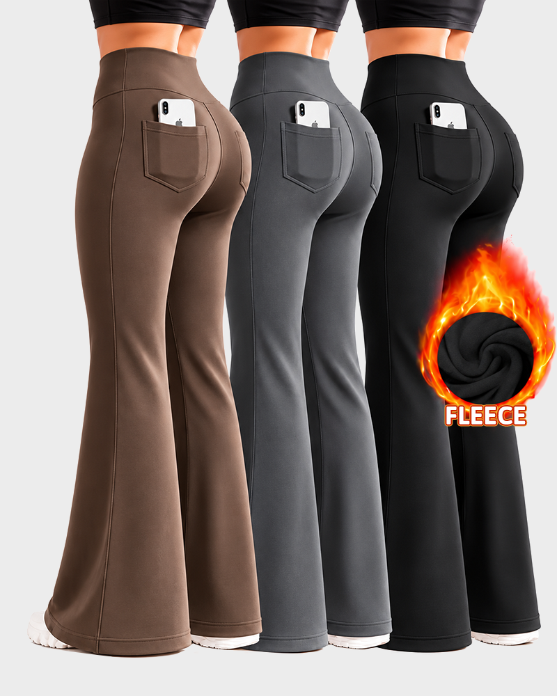 Women's Fleece Lined Flare Leggings with Pockets High Waisted Thermal Yoga Pants