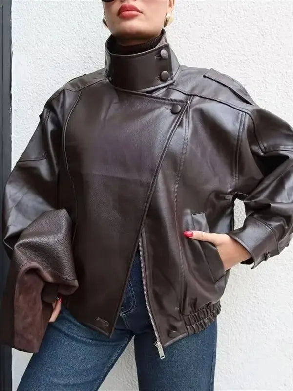 Women's Stand Collar Faux Leather Jacket Oversized Waterproof Windproof Streetwear