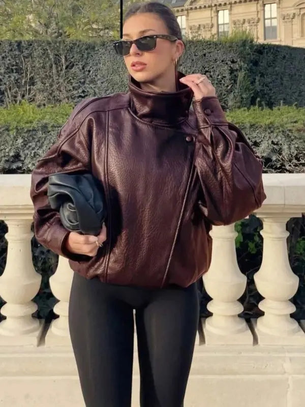 Women's Stand Collar Faux Leather Jacket Oversized Waterproof Windproof Streetwear