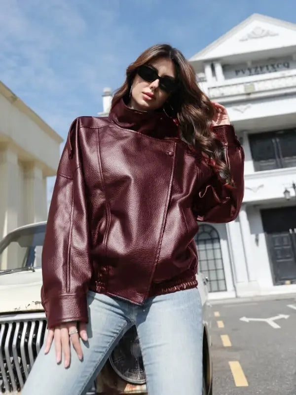 Women's Stand Collar Faux Leather Jacket Oversized Waterproof Windproof Streetwear