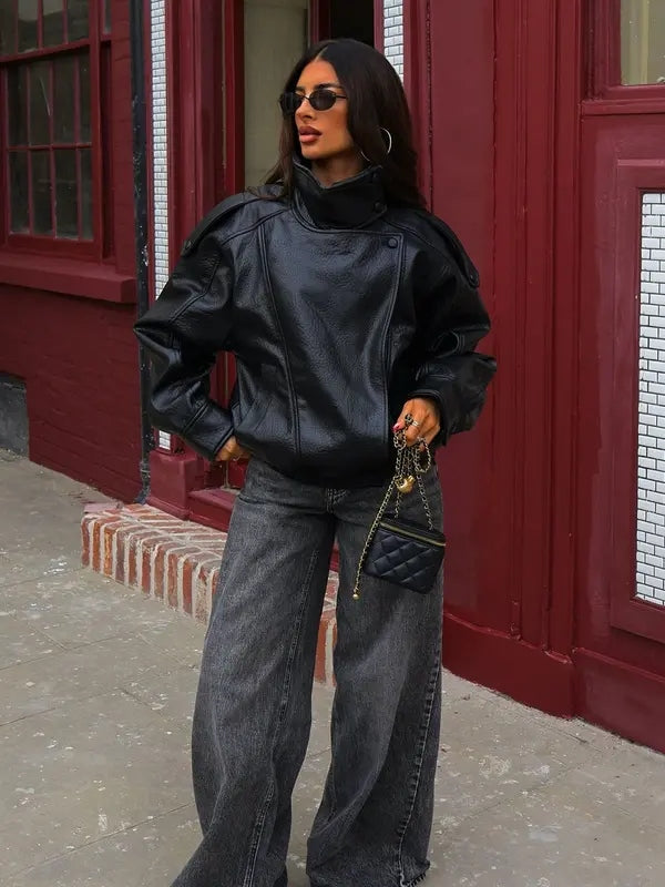 Women's Stand Collar Faux Leather Jacket Oversized Waterproof Windproof Streetwear