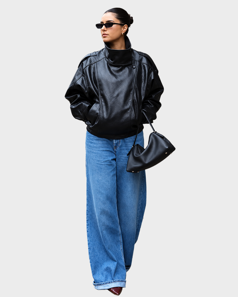 Women's Stand Collar Faux Leather Jacket Oversized Waterproof Windproof Streetwear