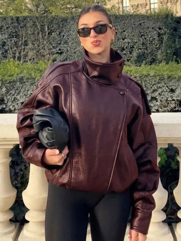 Women's Stand Collar Faux Leather Jacket Oversized Waterproof Windproof Streetwear