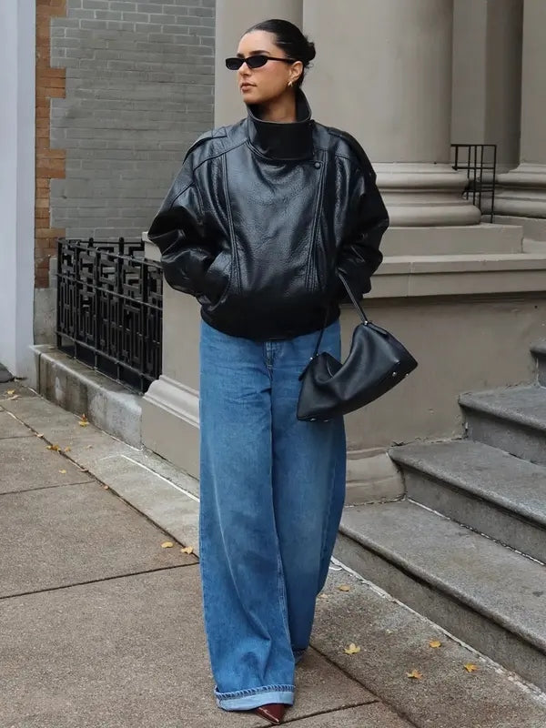 Women's Stand Collar Faux Leather Jacket Oversized Waterproof Windproof Streetwear