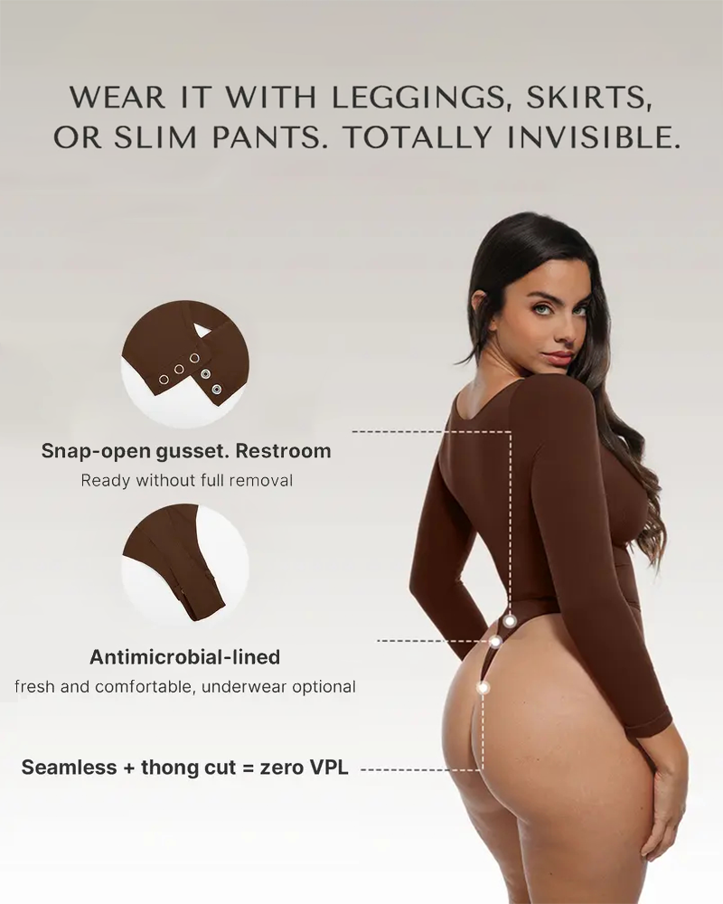 Seamless Leopard Zip Bodysuit Fitted Long Sleeve Shapewear Bust Support Thong Bottom
