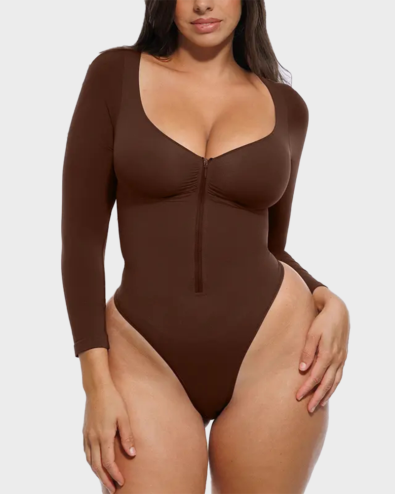Seamless Leopard Zip Bodysuit Fitted Long Sleeve Shapewear Bust Support Thong Bottom