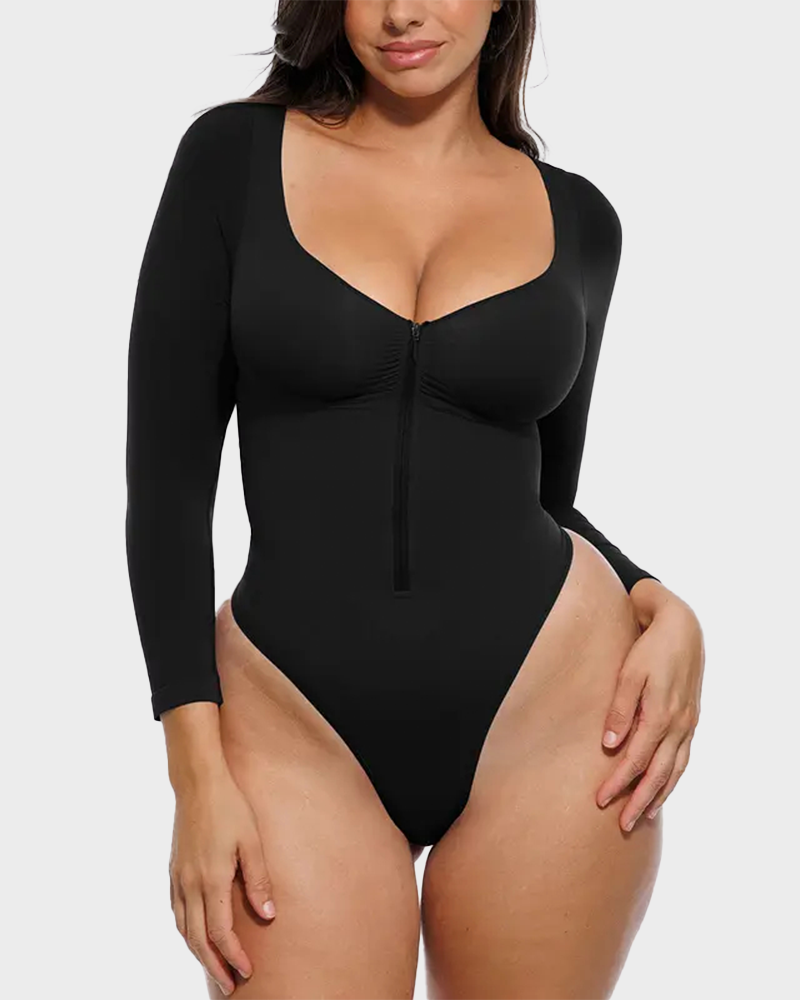 Seamless Leopard Zip Bodysuit Fitted Long Sleeve Shapewear Bust Support Thong Bottom