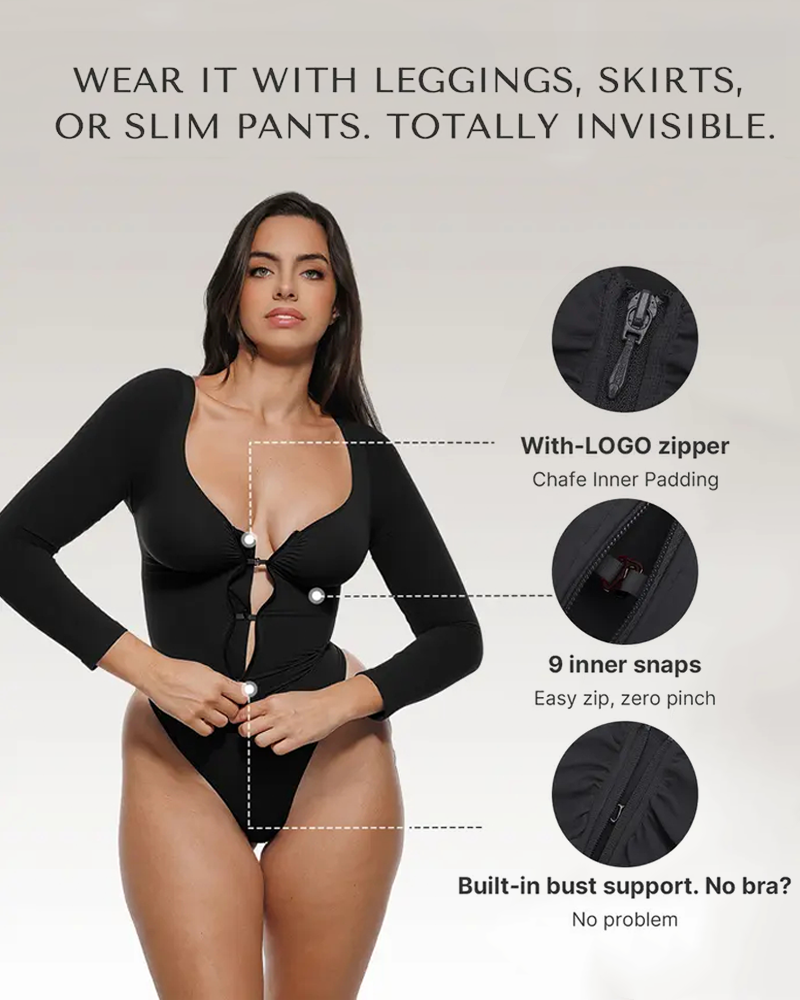 Seamless Leopard Zip Bodysuit Fitted Long Sleeve Shapewear Bust Support Thong Bottom