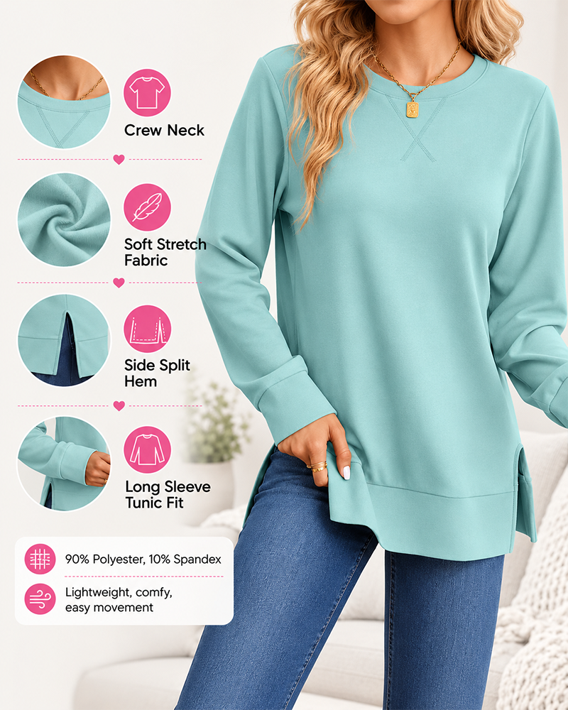 Long Sleeve Crewneck Soft Stretchy Side Split Loose Fit Fall Sweatshirt