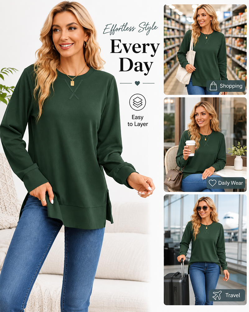 Long Sleeve Crewneck Soft Stretchy Side Split Loose Fit Fall Sweatshirt